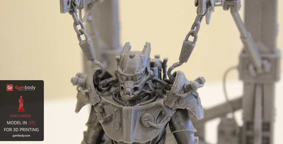 Detailed 3D-printed Tesla Power Armor model from Fallout, featuring intricate mechanical design.