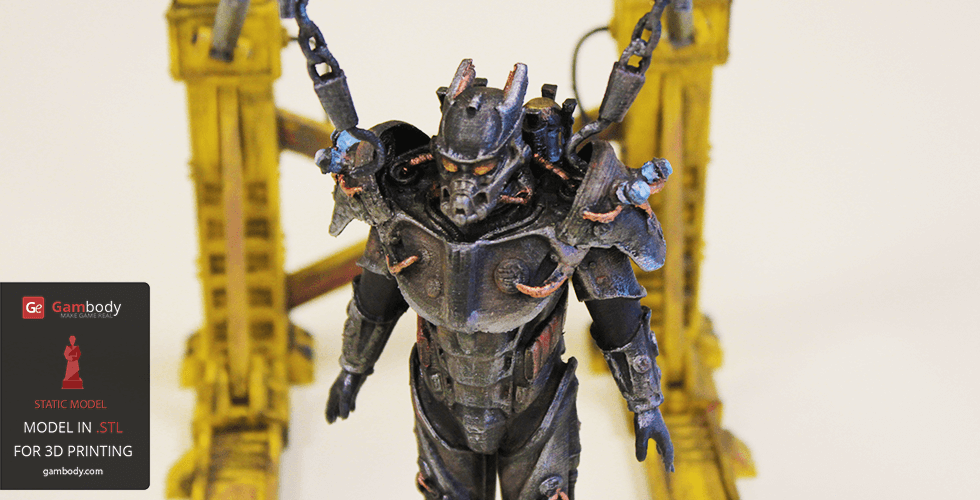 A detailed 3D-printed figure of Tesla Power Armor from Fallout.