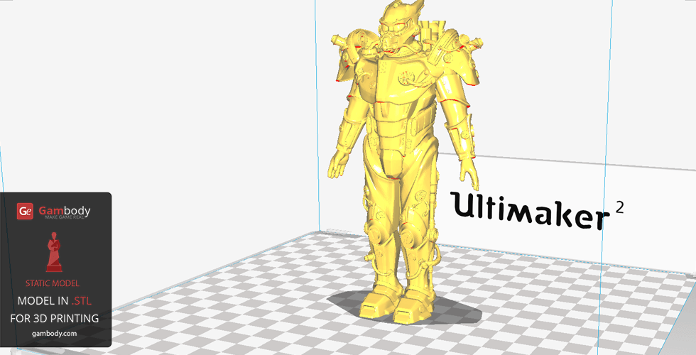 A yellow 3D model of Tesla Power Armor from Fallout, displayed in a 3D printing preview on Ultimaker Cura.