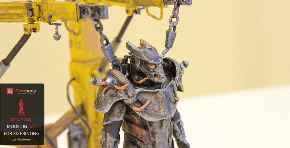 Futuristic armored figure in a yellow mechanical rig for 3D printing.