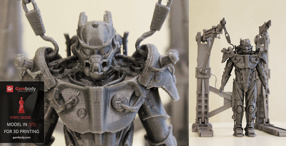 3D printed Tesla Power Armor from Fallout, detailed chest piece and full body, displayed on Gambody platform.