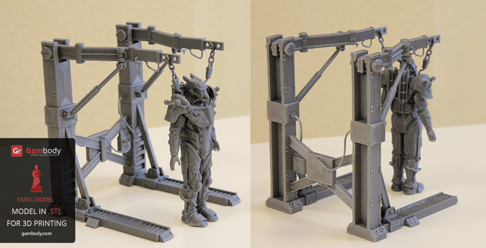 A 3D printed model of Tesla Power Armor from Fallout, displayed in a detailed mechanical frame.