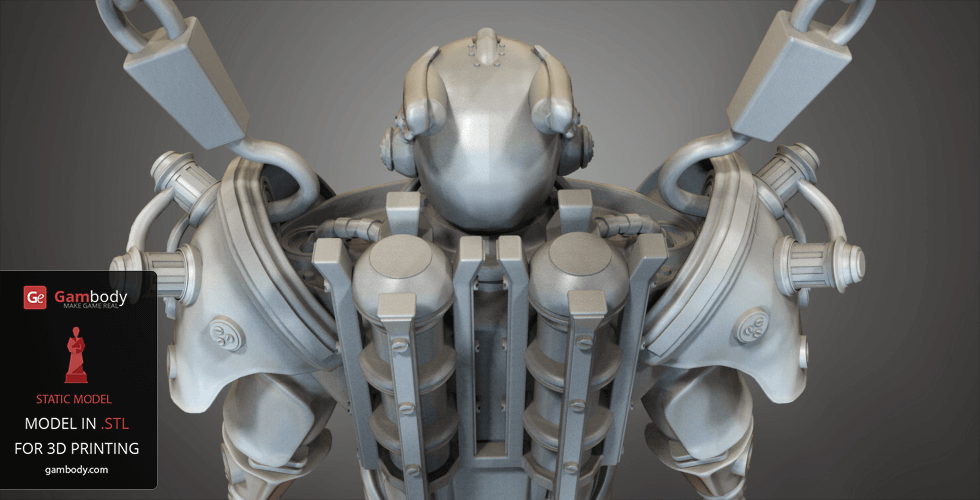 Futuristic power armor design with intricate mechanical details for 3D printing.