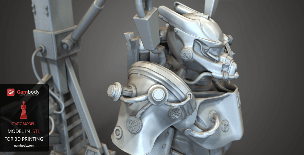 Futuristic power armor with detailed mechanical design, inspired by the Fallout series for 3D printing.