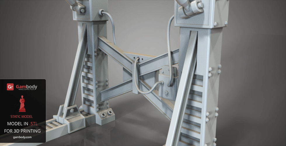 A detailed 3D model of mechanical legs with cables and bolts, intended for 3D printing.