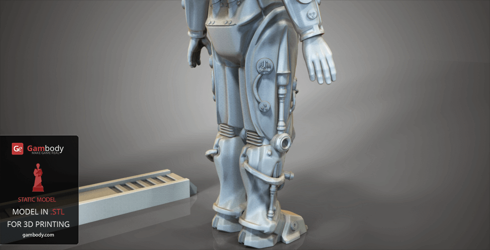 A detailed 3D model of a futuristic armored suit, showcasing intricate leg and arm designs.