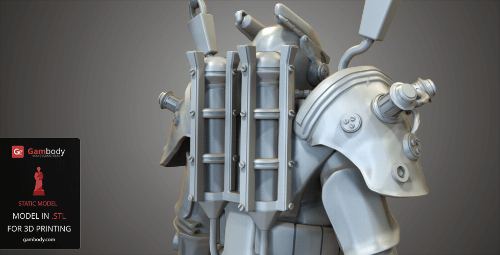 A detailed 3D model of Tesla Power Armor from Fallout, showcasing the back view with intricate components.