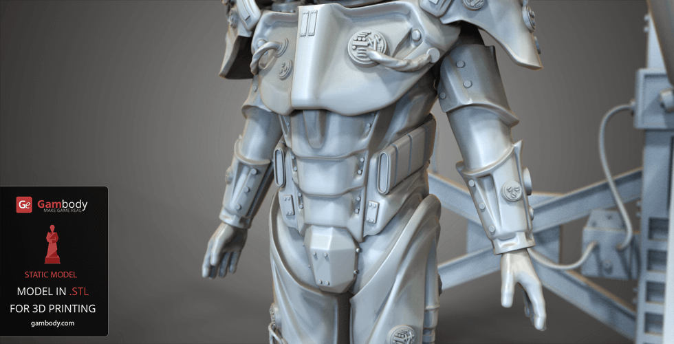 Futuristic armor with intricate details and mechanical components, designed for 3D printing.