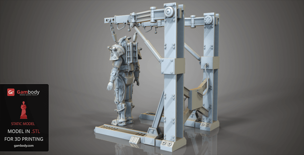 A detailed 3D model of Tesla Power Armor from Fallout, mounted on a mechanical display stand.