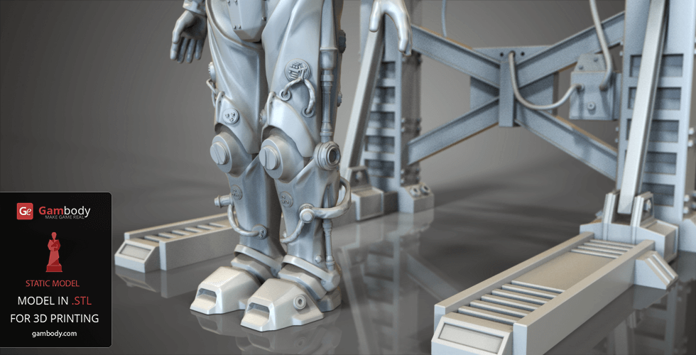 Futuristic robot legs and support stand, designed for 3D printing, displayed from a low angle.