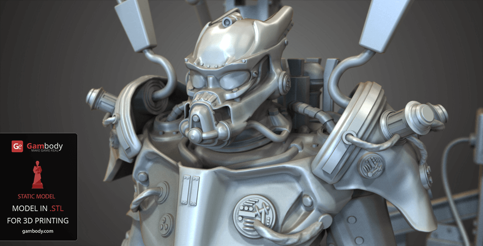 Futuristic armored suit with intricate mechanical details for 3D printing, inspired by Fallout.