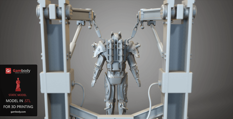 Fallout-inspired Tesla Power Armor in a 3D printing frame, detailed for STL printing.