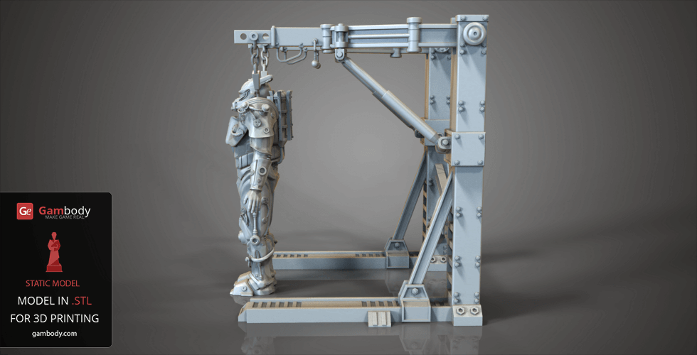 A detailed 3D model of Tesla Power Armor on a mechanical frame for 3D printing.