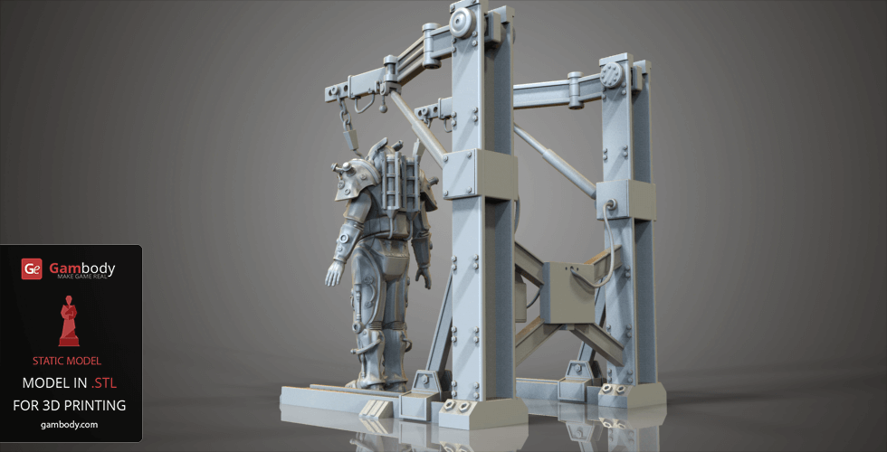 3D model of Tesla Power Armor in a mechanical frame, designed for 3D printing from Gambody.