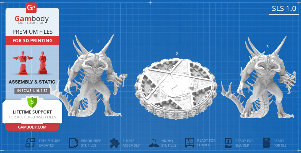 Two demon figures and a summoning circle, designed for 3D printing from the game Diablo II.