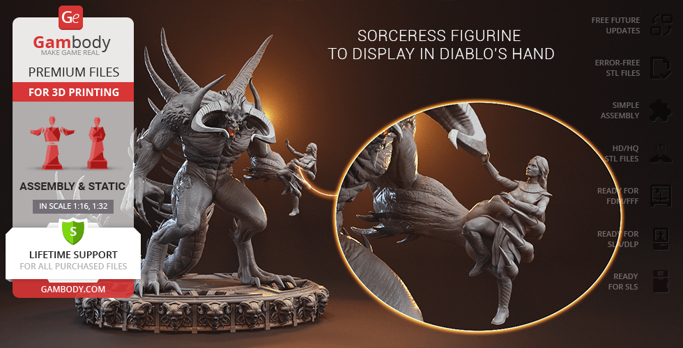 Statue of a horned creature holding a sorceress, designed for 3D printing display.