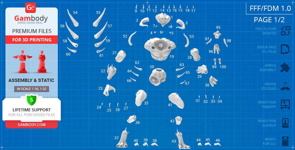 STL blueprint for Diablo II character, showing various numbered 3D-printable parts for assembly.