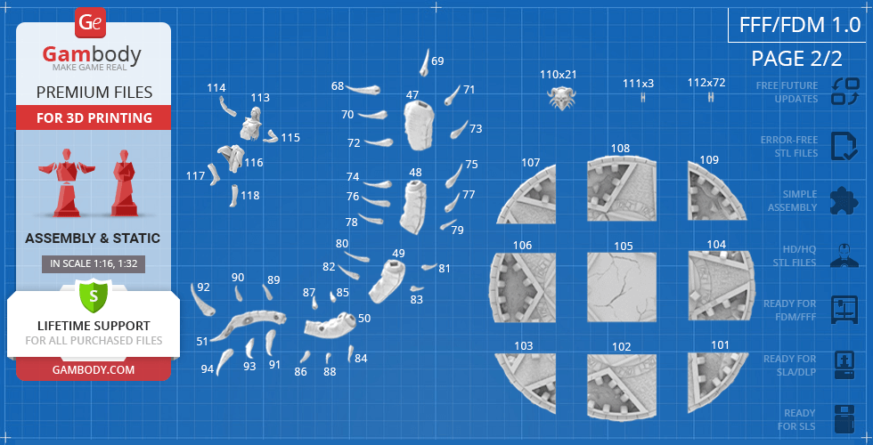 Layout of 3D printable parts for a model, with labeled components on a blueprint-style background.