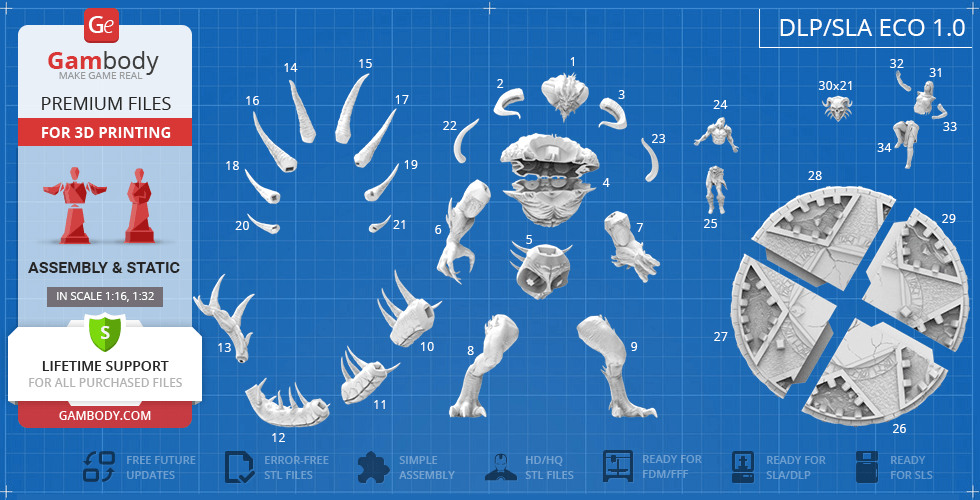 STL files for 3D printing parts of a Diablo II character model with various limbs and accessories displayed.