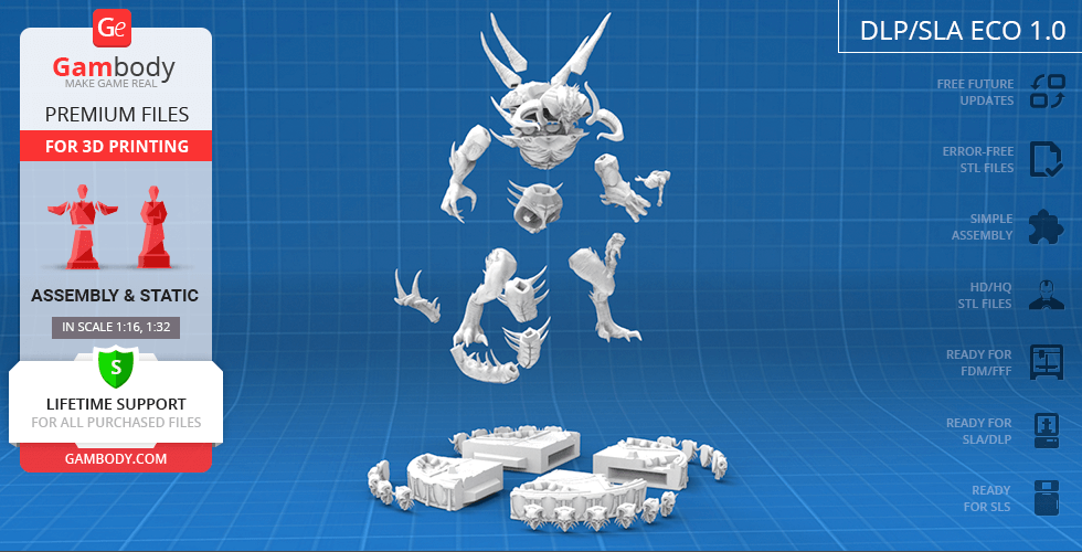 3D printing model of a demon with horns, claws, and spikes in various assembly parts.