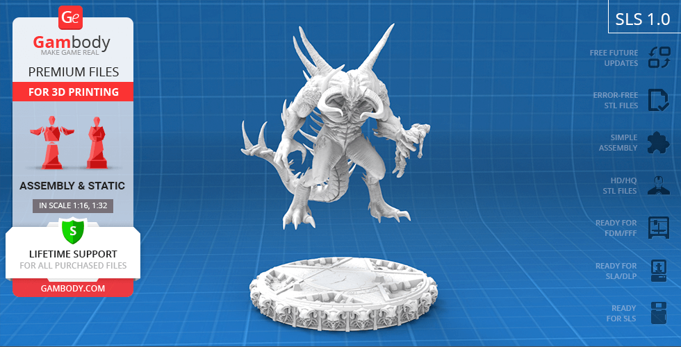 A detailed 3D model of a horned creature from Diablo II on a round base, shown on a blueprint background.