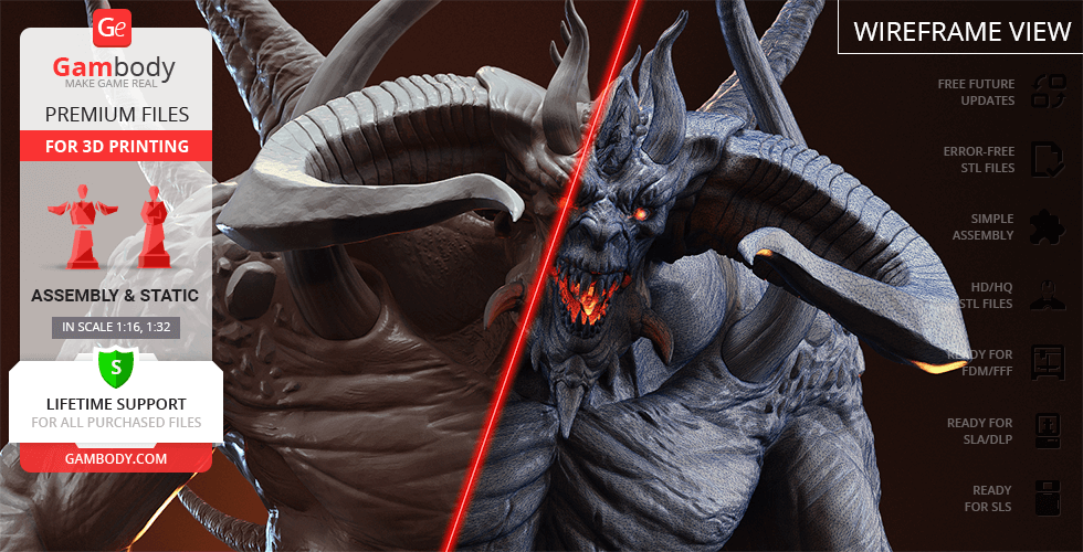 A 3D model of a horned demonic creature from Diablo II, split view with wireframe and textured versions.