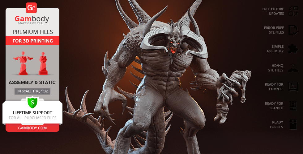 A detailed 3D model of a horned demon creature, standing menacingly with multiple arms and claws.