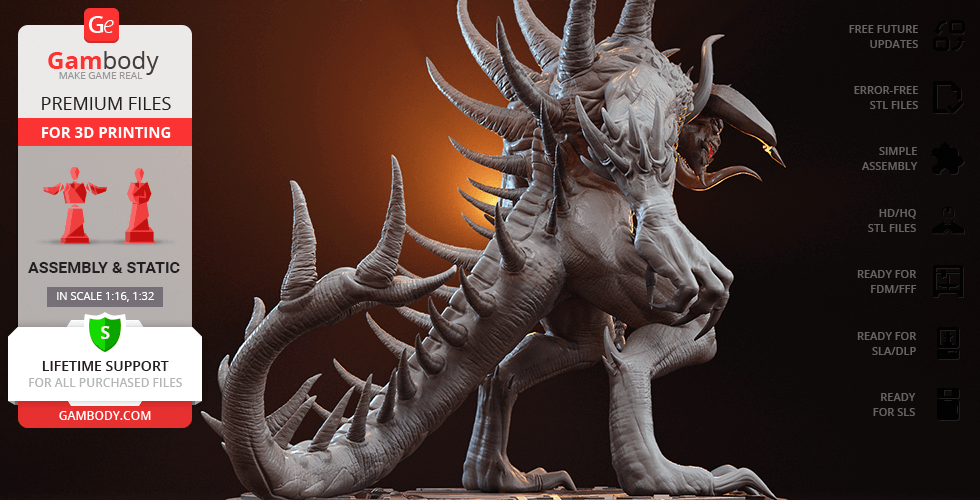 A detailed, horned demon figure with spikes, designed for 3D printing from the Diablo II game.