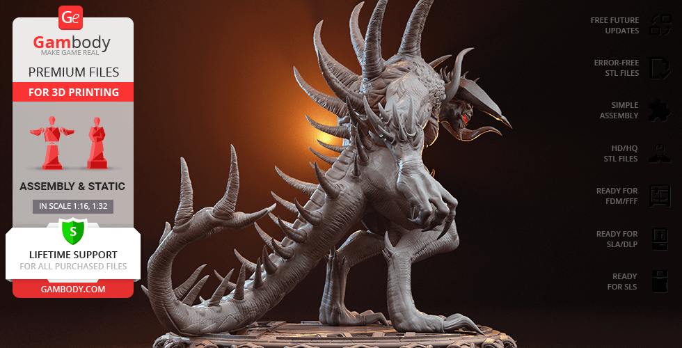 A detailed 3D-printed model of a horned, monstrous creature with a spiked tail standing on a base.