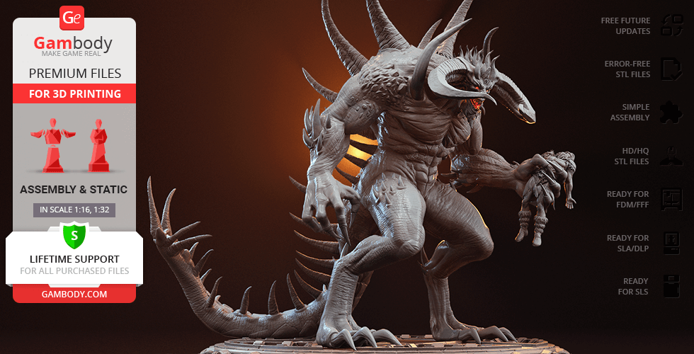 A detailed demonic creature with spikes and horns, holding a small figure, on a circular base for 3D printing.