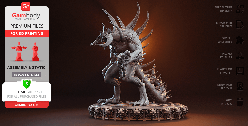 A detailed 3D model of a spiky, monstrous creature standing on a decorative base.