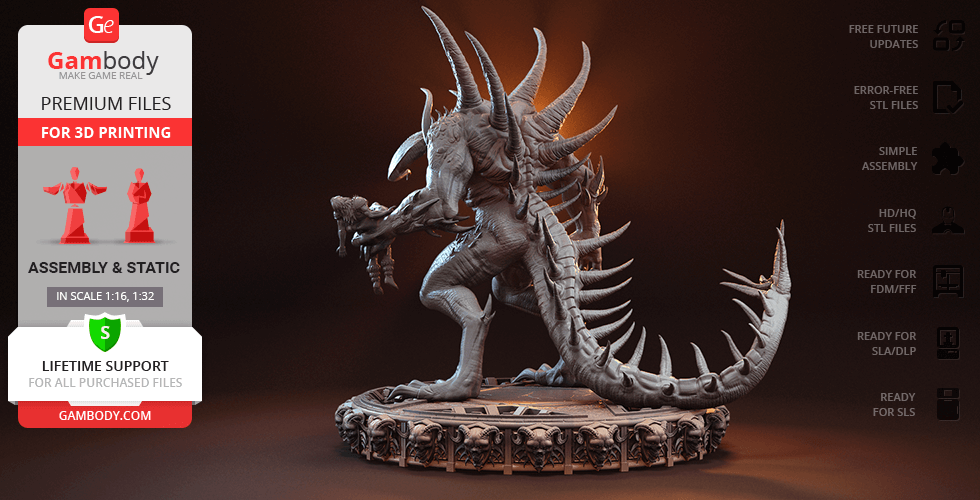 A detailed 3D model of a menacing, horned creature with a long spiked tail on a decorative base.