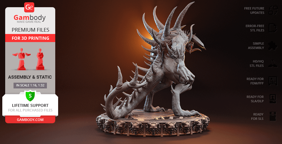 A spiked, dragon-like demon from 'Diablo II' on a decorative base for 3D printing.