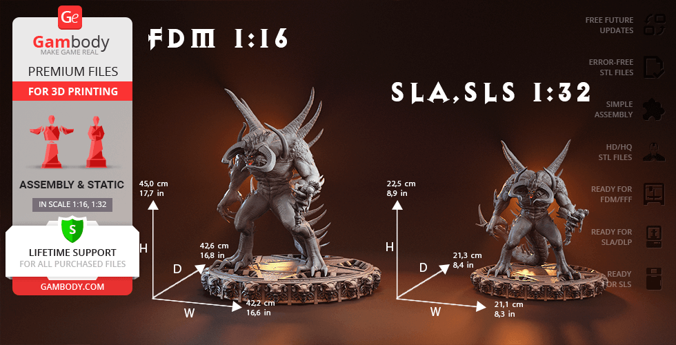 3D model of a horned creature from Diablo II on a circular base, available in two scales for 3D printing.