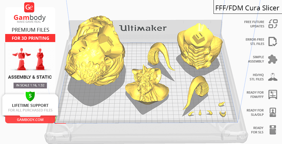 Golden 3D model parts from Diablo II ready for assembly on a 3D printer platform.