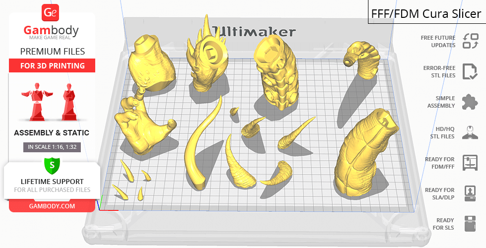 Yellow 3D model parts for a Diablo II character on a grid, ready for printing in Ultimaker software.