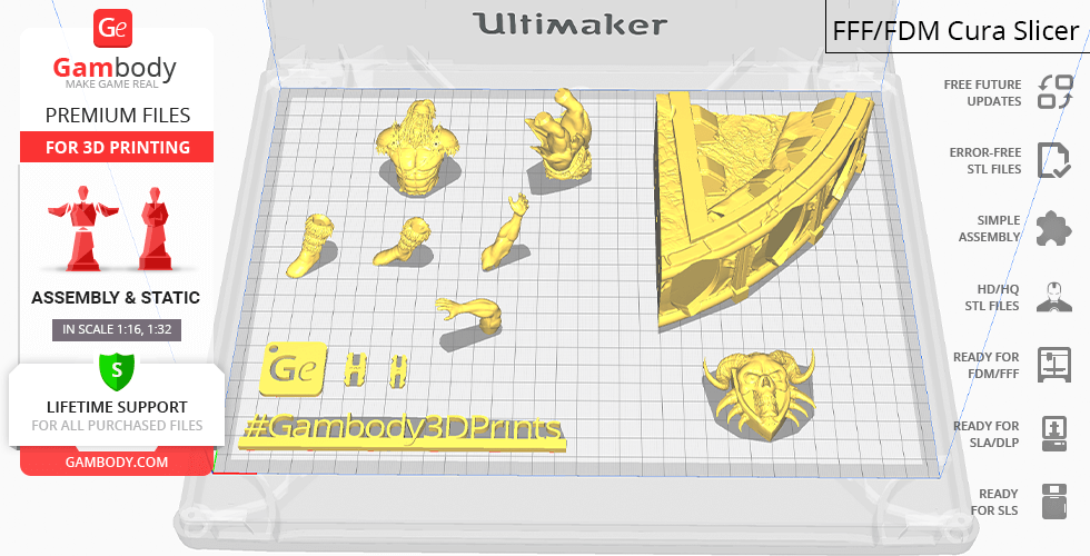 Various Diablo II character and item parts prepared for 3D printing on a slicer software platform.