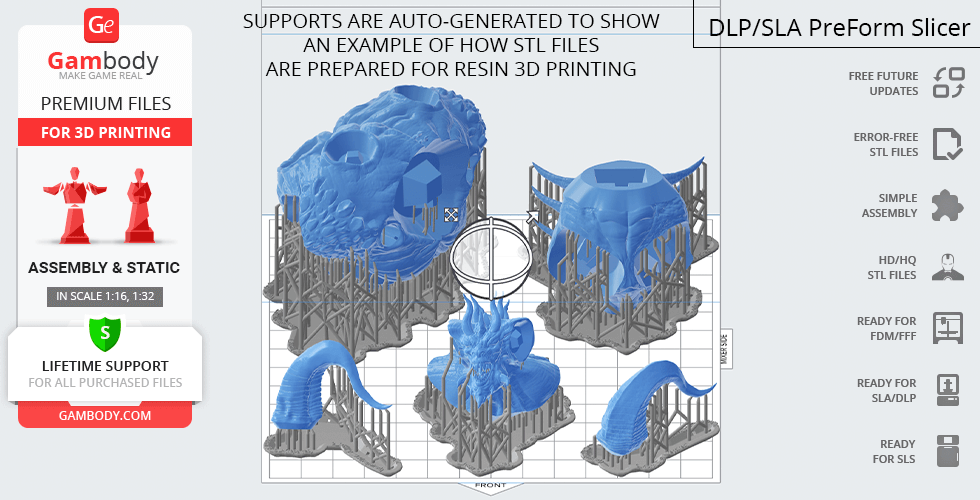 3D printed parts from Diablo II Classic, with supports for resin printing, featured by Gambody.