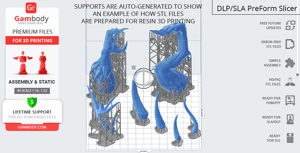 3D STL model of a character from Diablo II, prepared with supports for resin printing.