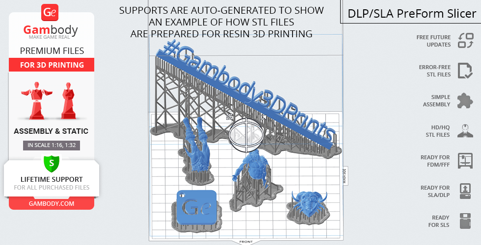 A 3D model of a character with supports for Diablo II, prepared for resin printing on Gambody.