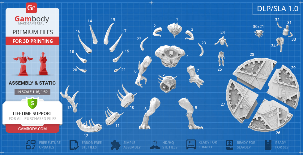 3D model parts for printing a Diablo II character, including limbs, armor, and base pieces, displayed on a blueprint.