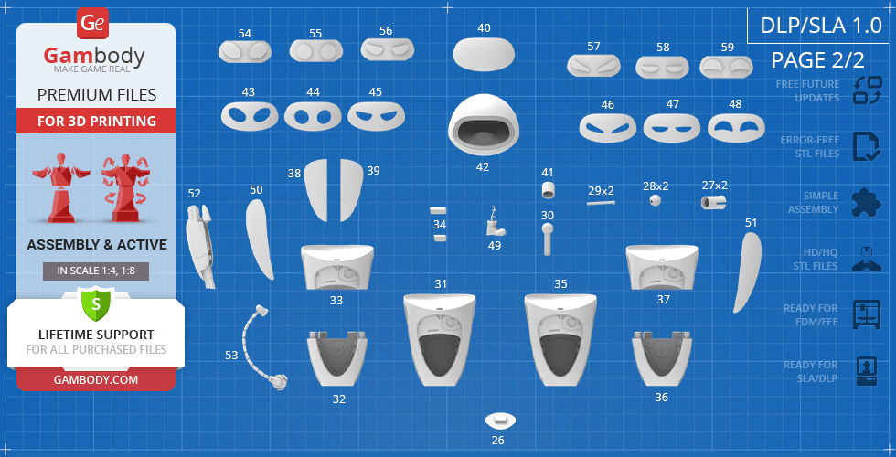 Blueprint of EVE model parts for 3D printing, showing various labeled components for assembly.