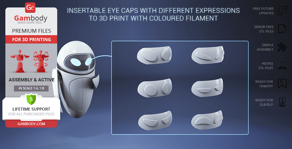 3D model of EVE with insertable eye caps for different expressions, optimized for 3D printing.