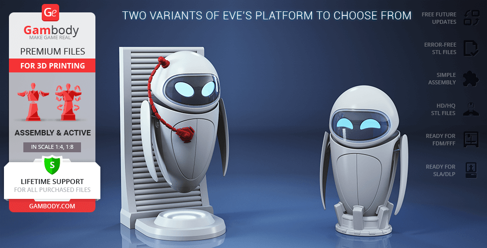 Two 3D models of a white robot with blue eyes, featuring different platform bases for display.