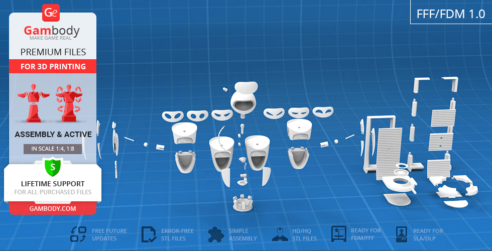 Collection of 3D printable EVE model parts on a grid background for assembly.