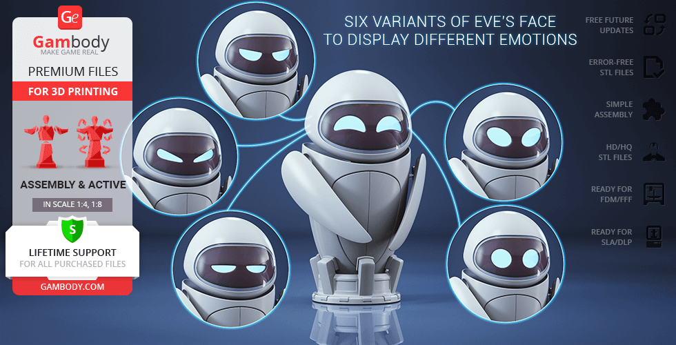 A 3D model of EVE with six facial expressions from Gambody for STL printing.