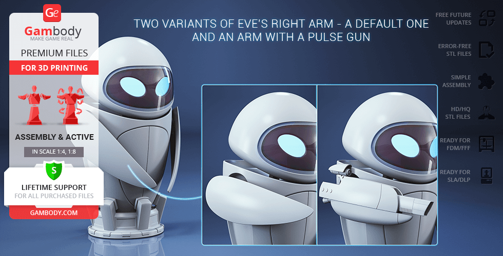 A 3D model of a futuristic robot with two arm variants: one standard, one with a pulse gun.