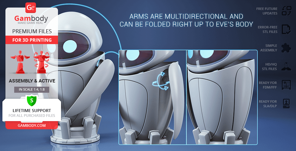 3D model of EVE with adjustable arms, optimized for 3D printing.