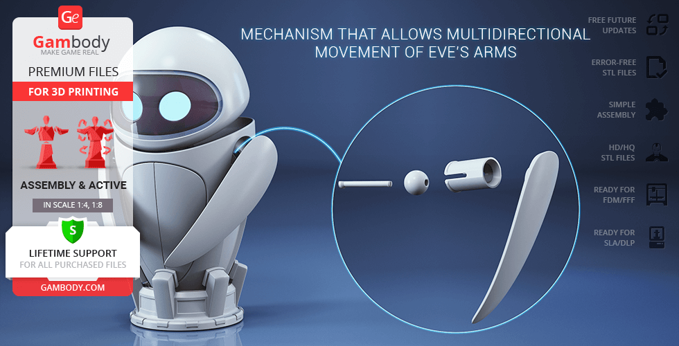 3D model of futuristic robot EVE with detachable, multidirectional arms for printing, featured on Gambody.