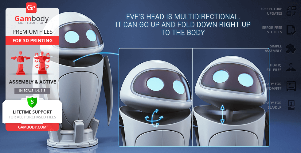 3D model of EVE robot from a movie with movable head, for 3D printing; features simple assembly.